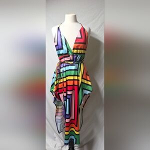 Unbranded Backless Multicolor Geometric Halter Dress Small